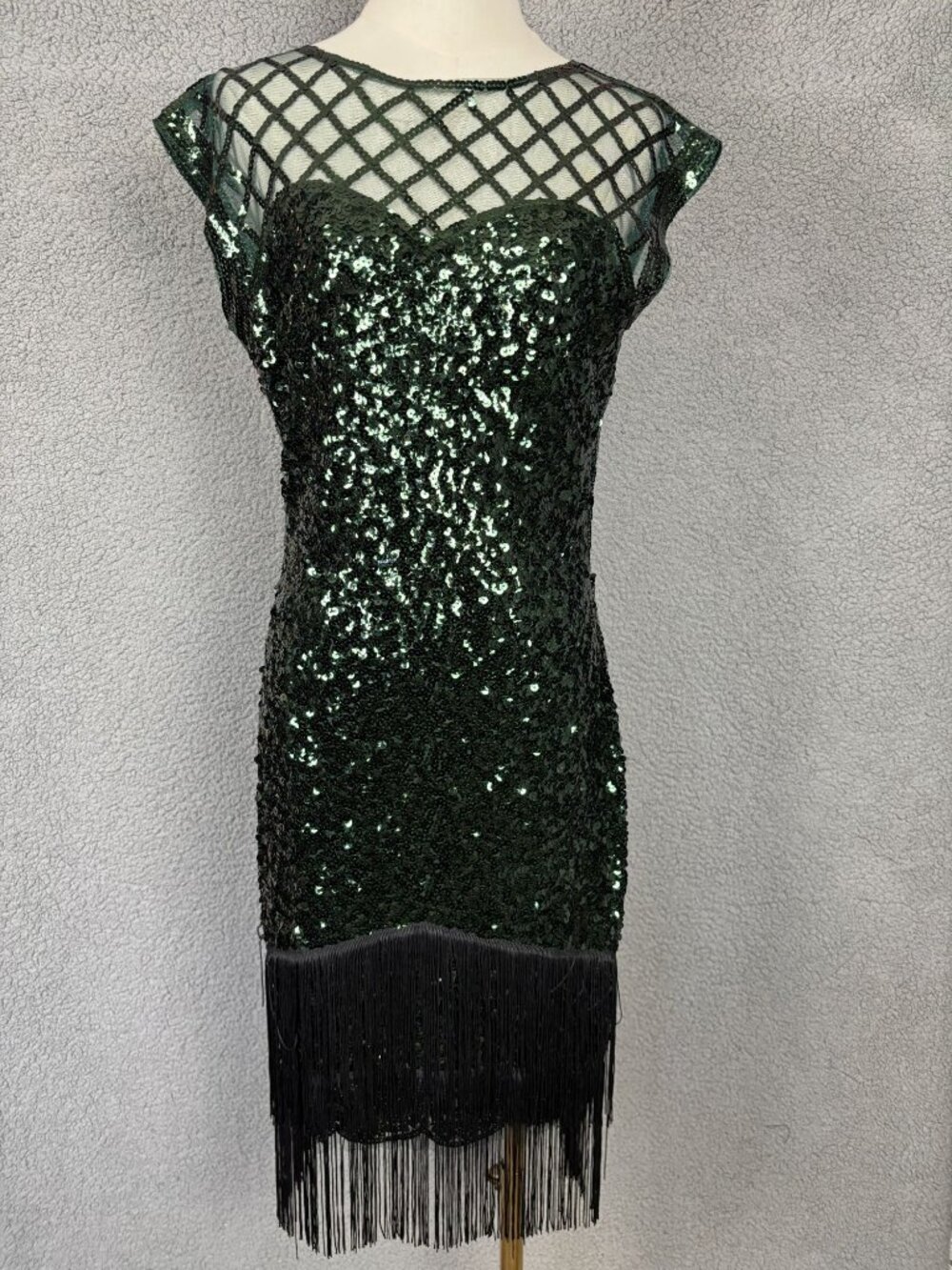 Green Sequin Fringe Flapper Dress Mesh Neckline 1920s Style Dress Small NWOT's - Picture 1 of 8